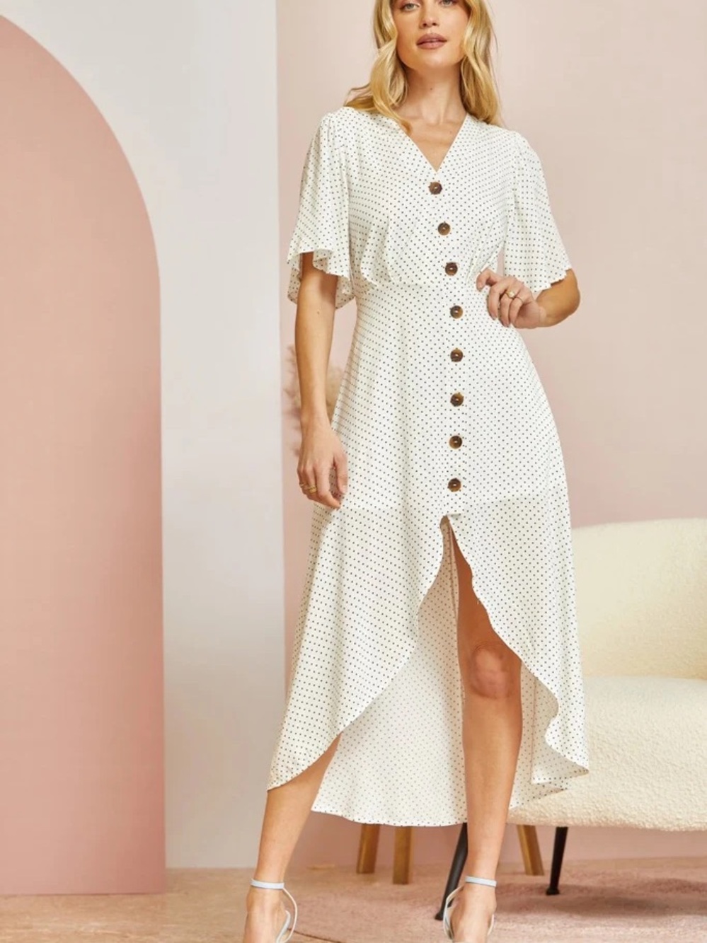 ANDREE BY UNIT White Polka Dot High-Low Button Front Dress